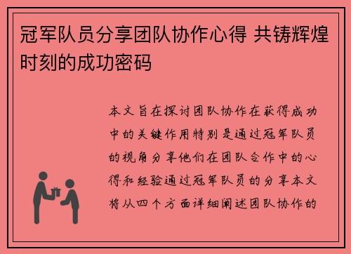 冠军队员分享团队协作心得 共铸辉煌时刻的成功密码